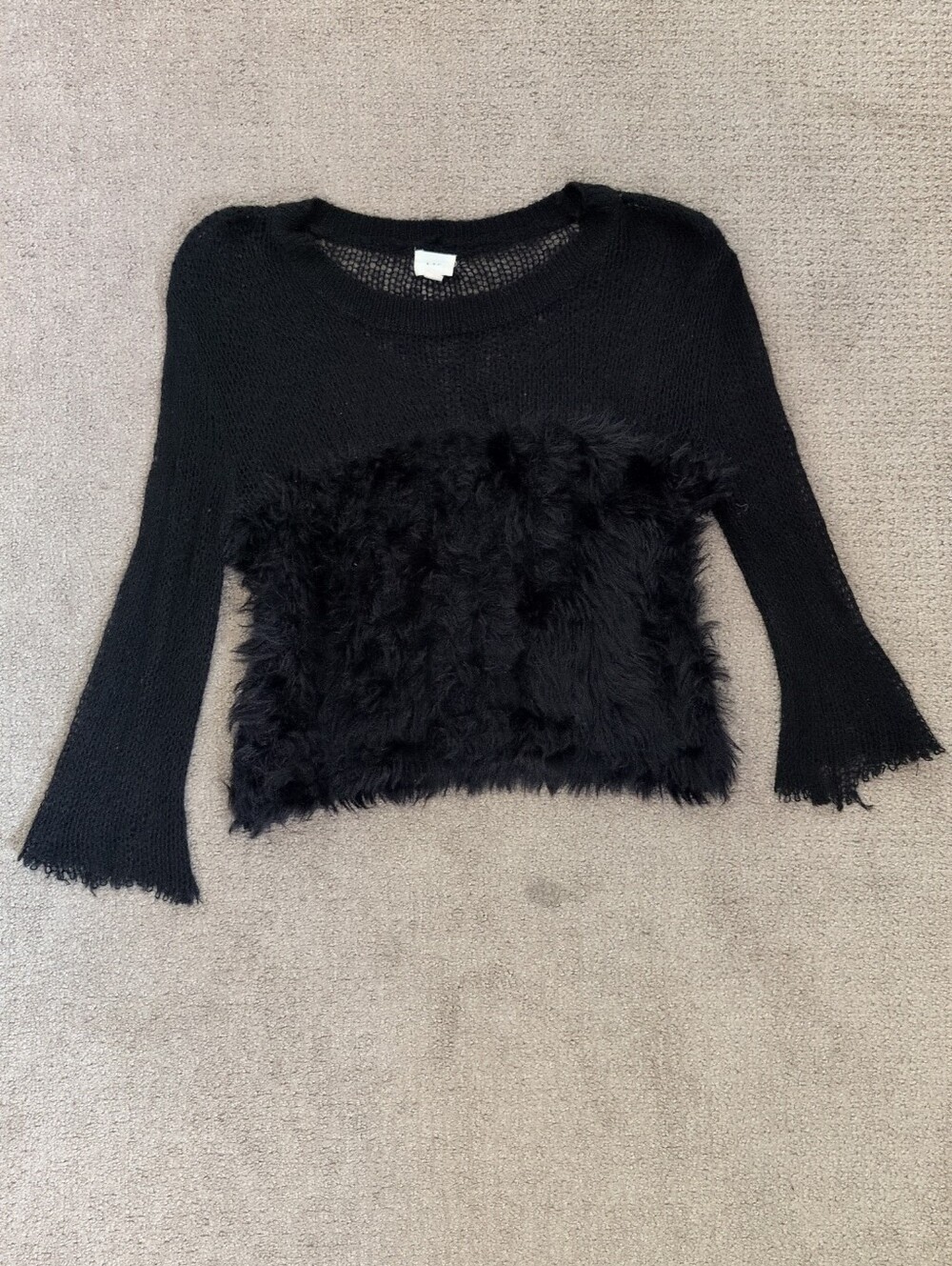 O & O Black Faux-Fur Panel Fishnet Top Women's Sweater